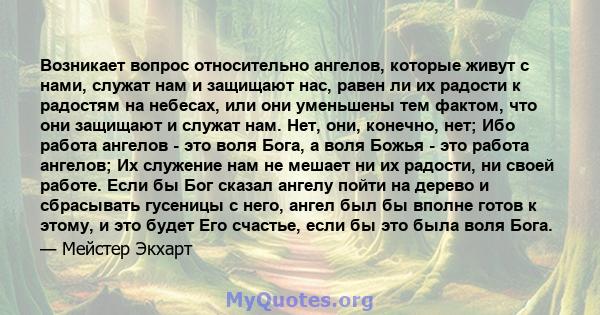 Возникает вопрос относительно ангелов, которые живут с нами, служат нам и защищают нас, равен ли их радости к радостям на небесах, или они уменьшены тем фактом, что они защищают и служат нам. Нет, они, конечно, нет; Ибо 