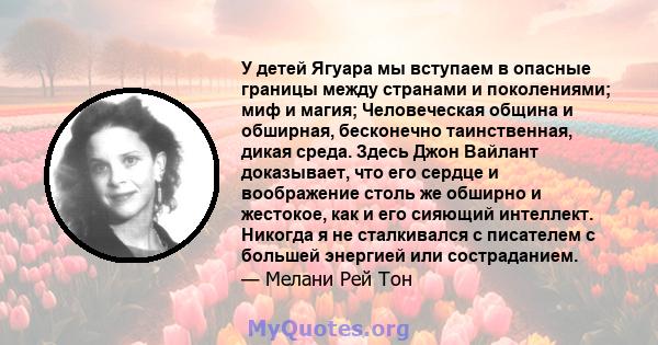 У детей Ягуара мы вступаем в опасные границы между странами и поколениями; миф и магия; Человеческая община и обширная, бесконечно таинственная, дикая среда. Здесь Джон Вайлант доказывает, что его сердце и воображение