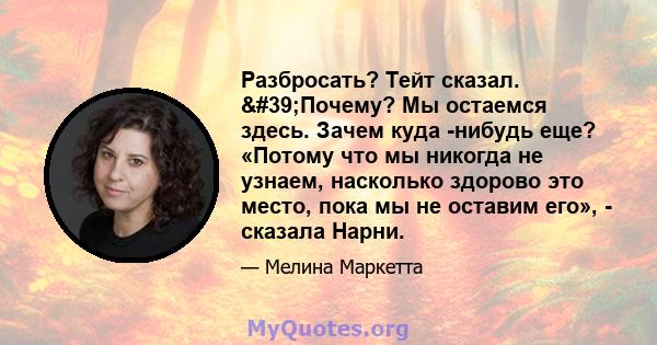 Разбросать? Тейт сказал. 'Почему? Мы остаемся здесь. Зачем куда -нибудь еще? «Потому что мы никогда не узнаем, насколько здорово это место, пока мы не оставим его», - сказала Нарни.