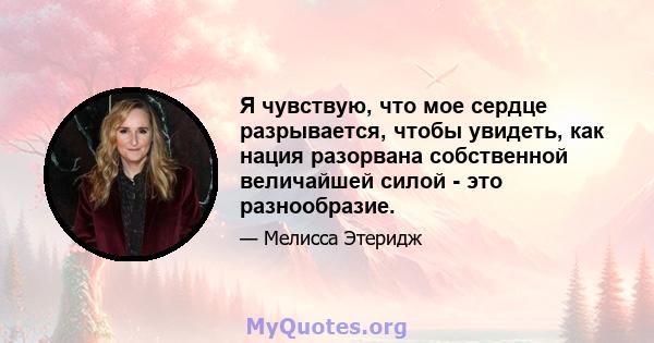 Я чувствую, что мое сердце разрывается, чтобы увидеть, как нация разорвана собственной величайшей силой - это разнообразие.