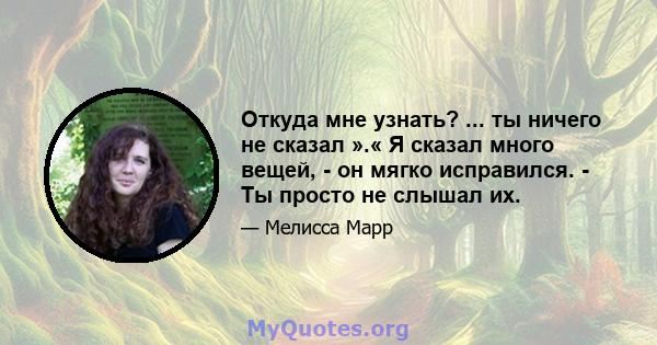 Откуда мне узнать? ... ты ничего не сказал ».« Я сказал много вещей, - он мягко исправился. - Ты просто не слышал их.