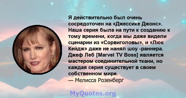 Я действительно был очень сосредоточен на «Джессике Джонс». Наша серия была на пути к созданию к тому времени, когда мы даже видели сценарии из «Сорвиголовы», и «Люк Кейдж» даже не нанял шоу -раннера. Джеф Леб [Marvel