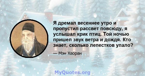 Я дремал весеннее утро и пропустил рассвет повсюду, я услышал крик птиц. Той ночью пришел звук ветра и дождя. Кто знает, сколько лепестков упало?