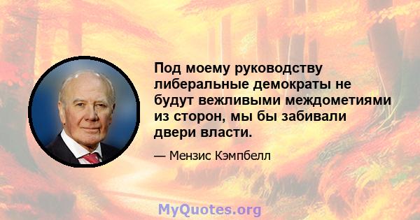 Под моему руководству либеральные демократы не будут вежливыми междометиями из сторон, мы бы забивали двери власти.