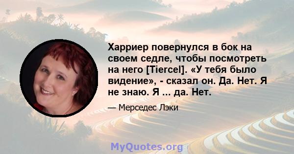 Харриер повернулся в бок на своем седле, чтобы посмотреть на него [Tiercel]. «У тебя было видение», - сказал он. Да. Нет. Я не знаю. Я ... да. Нет.