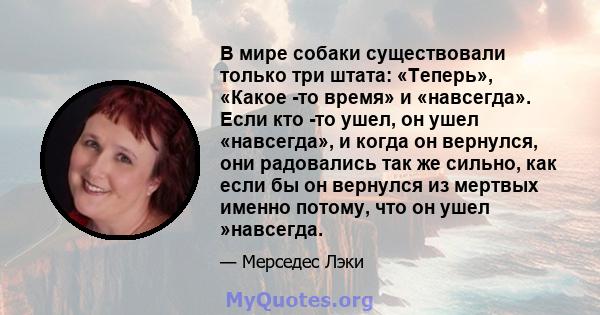 В мире собаки существовали только три штата: «Теперь», «Какое -то время» и «навсегда». Если кто -то ушел, он ушел «навсегда», и когда он вернулся, они радовались так же сильно, как если бы он вернулся из мертвых именно