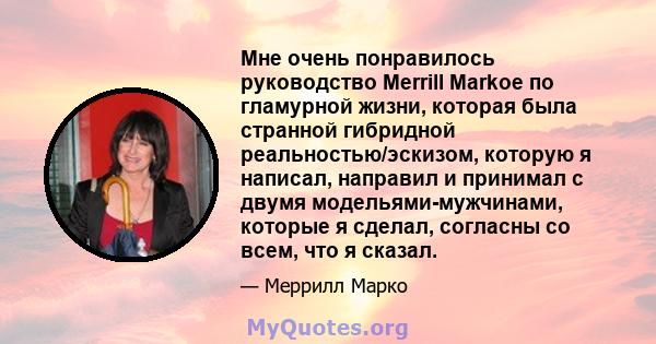 Мне очень понравилось руководство Merrill Markoe по гламурной жизни, которая была странной гибридной реальностью/эскизом, которую я написал, направил и принимал с двумя модельями-мужчинами, которые я сделал, согласны со 