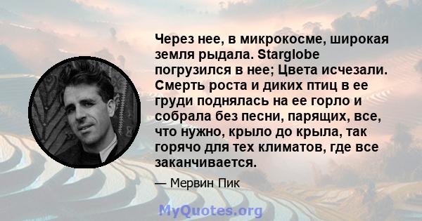 Через нее, в микрокосме, широкая земля рыдала. Starglobe погрузился в нее; Цвета исчезали. Смерть роста и диких птиц в ее груди поднялась на ее горло и собрала без песни, парящих, все, что нужно, крыло до крыла, так