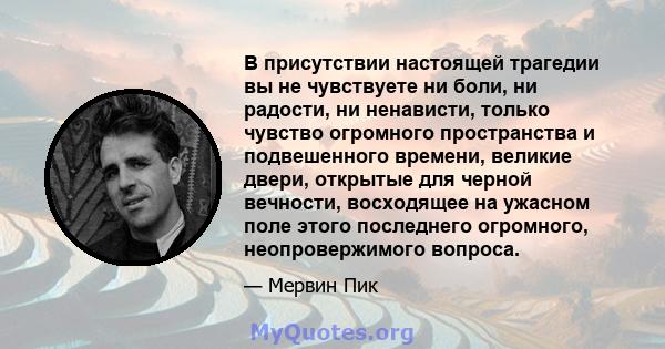 В присутствии настоящей трагедии вы не чувствуете ни боли, ни радости, ни ненависти, только чувство огромного пространства и подвешенного времени, великие двери, открытые для черной вечности, восходящее на ужасном поле