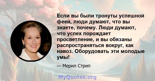 Если вы были тронуты успешной феей, люди думают, что вы знаете, почему. Люди думают, что успех порождает просветление, и вы обязаны распространяться вокруг, как навоз. Оборудовать эти молодые умы!