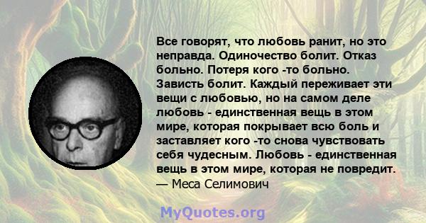 Все говорят, что любовь ранит, но это неправда. Одиночество болит. Отказ больно. Потеря кого -то больно. Зависть болит. Каждый переживает эти вещи с любовью, но на самом деле любовь - единственная вещь в этом мире,