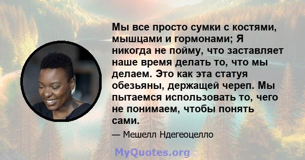 Мы все просто сумки с костями, мышцами и гормонами; Я никогда не пойму, что заставляет наше время делать то, что мы делаем. Это как эта статуя обезьяны, держащей череп. Мы пытаемся использовать то, чего не понимаем,