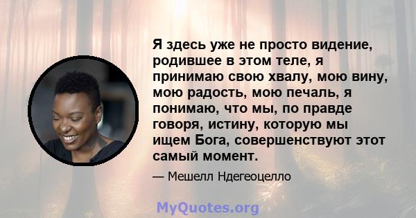 Я здесь уже не просто видение, родившее в этом теле, я принимаю свою хвалу, мою вину, мою радость, мою печаль, я понимаю, что мы, по правде говоря, истину, которую мы ищем Бога, совершенствуют этот самый момент.