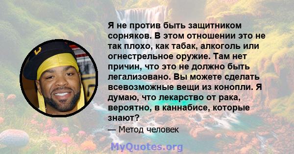 Я не против быть защитником сорняков. В этом отношении это не так плохо, как табак, алкоголь или огнестрельное оружие. Там нет причин, что это не должно быть легализовано. Вы можете сделать всевозможные вещи из конопли. 