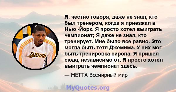 Я, честно говоря, даже не знал, кто был тренером, когда я приезжал в Нью -Йорк. Я просто хотел выиграть чемпионат; Я даже не знал, кто тренирует. Мне было все равно. Это могла быть тетя Джемима. У них мог быть