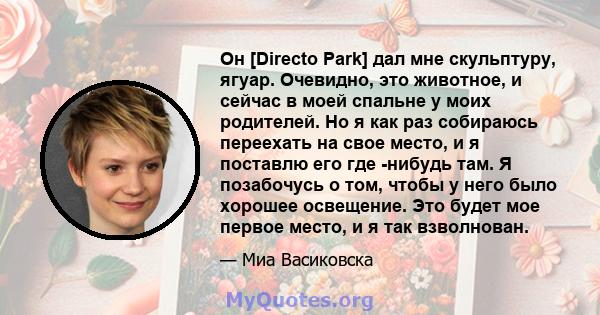 Он [Directo Park] дал мне скульптуру, ягуар. Очевидно, это животное, и сейчас в моей спальне у моих родителей. Но я как раз собираюсь переехать на свое место, и я поставлю его где -нибудь там. Я позабочусь о том, чтобы