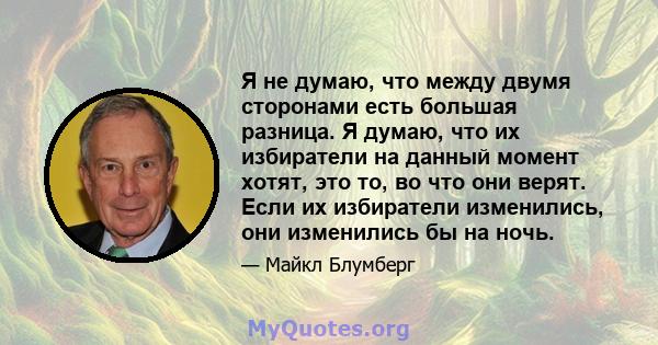 Я не думаю, что между двумя сторонами есть большая разница. Я думаю, что их избиратели на данный момент хотят, это то, во что они верят. Если их избиратели изменились, они изменились бы на ночь.