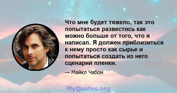 Что мне будет тяжело, так это попытаться развестись как можно больше от того, что я написал. Я должен приблизиться к нему просто как сырье и попытаться создать из него сценарий пленки.