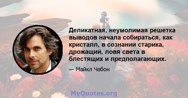 Деликатная, неумолимая решетка выводов начала собираться, как кристалл, в сознании старика, дрожащий, ловя света в блестящих и предполагающих.