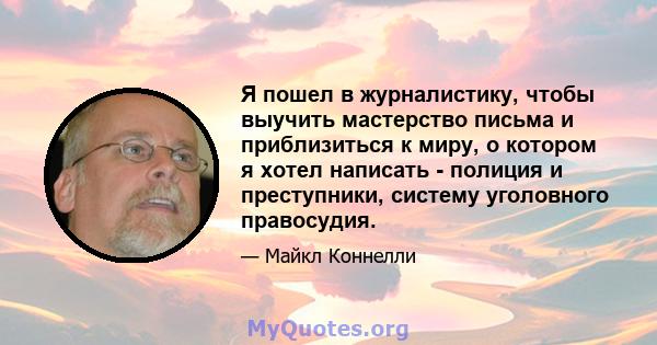 Я пошел в журналистику, чтобы выучить мастерство письма и приблизиться к миру, о котором я хотел написать - полиция и преступники, систему уголовного правосудия.