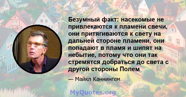 Безумный факт: насекомые не привлекаются к пламени свечи, они притягиваются к свету на дальней стороне пламени, они попадают в пламя и шипят на небытие, потому что они так стремятся добраться до света с другой стороны