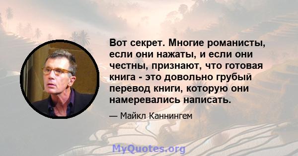 Вот секрет. Многие романисты, если они нажаты, и если они честны, признают, что готовая книга - это довольно грубый перевод книги, которую они намеревались написать.