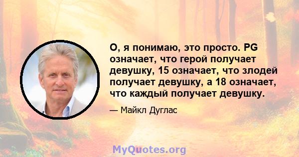 О, я понимаю, это просто. PG означает, что герой получает девушку, 15 означает, что злодей получает девушку, а 18 означает, что каждый получает девушку.