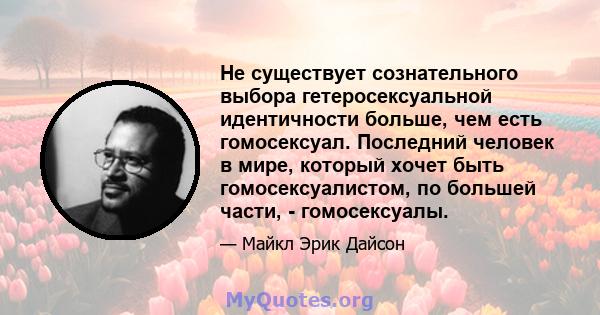 Не существует сознательного выбора гетеросексуальной идентичности больше, чем есть гомосексуал. Последний человек в мире, который хочет быть гомосексуалистом, по большей части, - гомосексуалы.