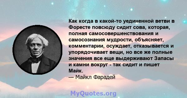 Как когда в какой-то уединенной ветви в Форесте повсюду сидит сова, которая, полная самосовершенствования и самосознания мудрости, объясняет, комментарии, осуждает, отказывается и упорядочивает вещи, но все же полные