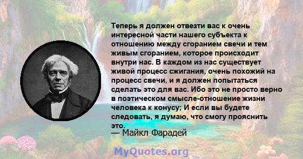 Теперь я должен отвезти вас к очень интересной части нашего субъекта к отношению между сгоранием свечи и тем живым сгоранием, которое происходит внутри нас. В каждом из нас существует живой процесс сжигания, очень