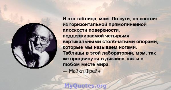 И это таблица, мэм. По сути, он состоит из горизонтальной прямолинейной плоскости поверхности, поддерживаемой четырьмя вертикальными столбчатыми опорами, которые мы называем ногами. Таблицы в этой лаборатории, мэм, так