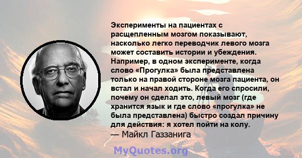 Эксперименты на пациентах с расщепленным мозгом показывают, насколько легко переводчик левого мозга может составить истории и убеждения. Например, в одном эксперименте, когда слово «Прогулка» была представлена ​​только