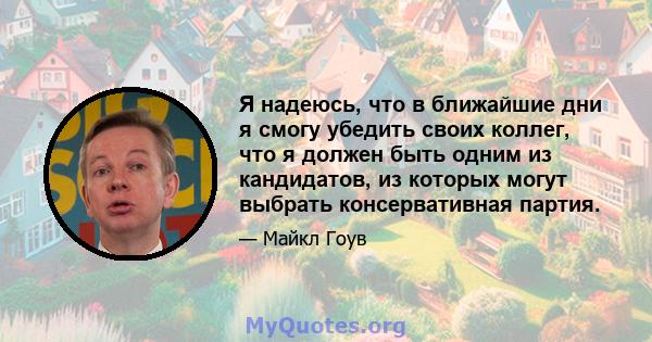 Я надеюсь, что в ближайшие дни я смогу убедить своих коллег, что я должен быть одним из кандидатов, из которых могут выбрать консервативная партия.