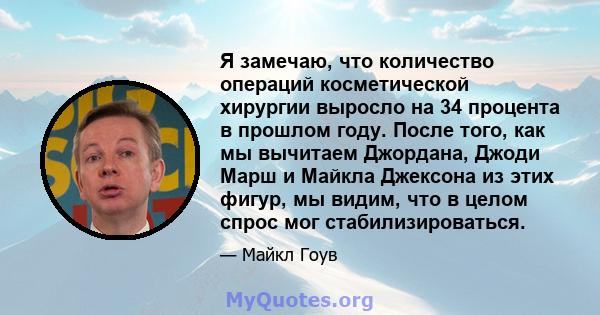 Я замечаю, что количество операций косметической хирургии выросло на 34 процента в прошлом году. После того, как мы вычитаем Джордана, Джоди Марш и Майкла Джексона из этих фигур, мы видим, что в целом спрос мог