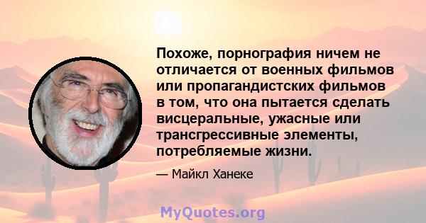 Похоже, порнография ничем не отличается от военных фильмов или пропагандистских фильмов в том, что она пытается сделать висцеральные, ужасные или трансгрессивные элементы, потребляемые жизни.