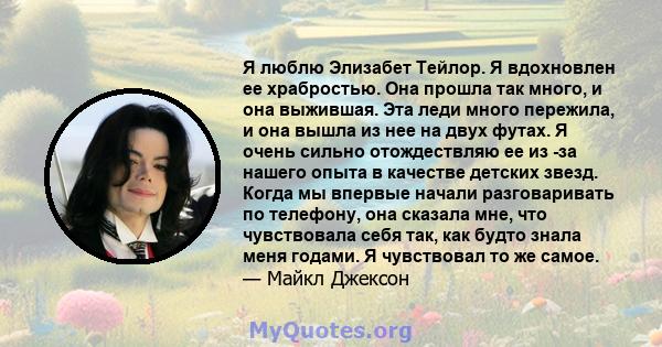 Я люблю Элизабет Тейлор. Я вдохновлен ее храбростью. Она прошла так много, и она выжившая. Эта леди много пережила, и она вышла из нее на двух футах. Я очень сильно отождествляю ее из -за нашего опыта в качестве детских 