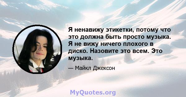 Я ненавижу этикетки, потому что это должна быть просто музыка. Я не вижу ничего плохого в диско. Назовите это всем. Это музыка.