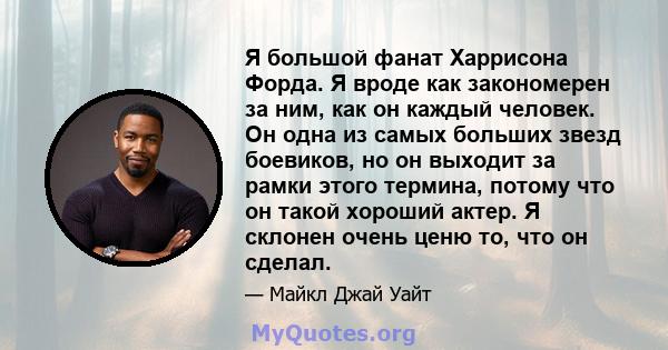 Я большой фанат Харрисона Форда. Я вроде как закономерен за ним, как он каждый человек. Он одна из самых больших звезд боевиков, но он выходит за рамки этого термина, потому что он такой хороший актер. Я склонен очень