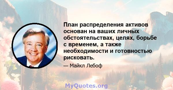 План распределения активов основан на ваших личных обстоятельствах, целях, борьбе с временем, а также необходимости и готовностью рисковать.