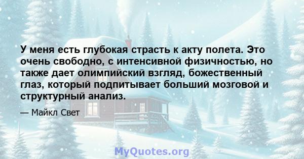 У меня есть глубокая страсть к акту полета. Это очень свободно, с интенсивной физичностью, но также дает олимпийский взгляд, божественный глаз, который подпитывает больший мозговой и структурный анализ.