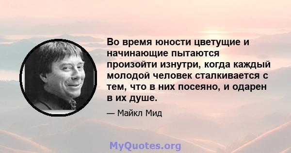 Во время юности цветущие и начинающие пытаются произойти изнутри, когда каждый молодой человек сталкивается с тем, что в них посеяно, и одарен в их душе.