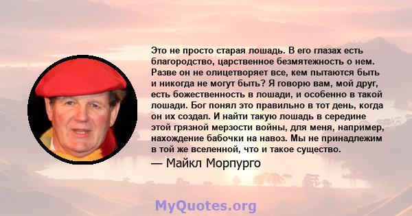 Это не просто старая лошадь. В его глазах есть благородство, царственное безмятежность о нем. Разве он не олицетворяет все, кем пытаются быть и никогда не могут быть? Я говорю вам, мой друг, есть божественность в