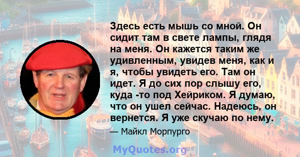 Здесь есть мышь со мной. Он сидит там в свете лампы, глядя на меня. Он кажется таким же удивленным, увидев меня, как и я, чтобы увидеть его. Там он идет. Я до сих пор слышу его, куда -то под Хейриком. Я думаю, что он