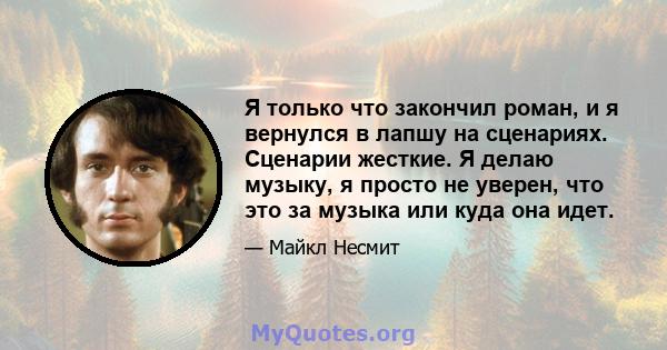 Я только что закончил роман, и я вернулся в лапшу на сценариях. Сценарии жесткие. Я делаю музыку, я просто не уверен, что это за музыка или куда она идет.