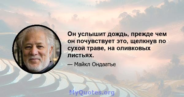 Он услышит дождь, прежде чем он почувствует это, щелкнув по сухой траве, на оливковых листьях.