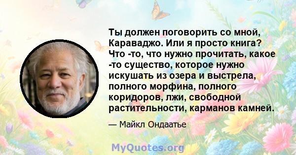 Ты должен поговорить со мной, Караваджо. Или я просто книга? Что -то, что нужно прочитать, какое -то существо, которое нужно искушать из озера и выстрела, полного морфина, полного коридоров, лжи, свободной