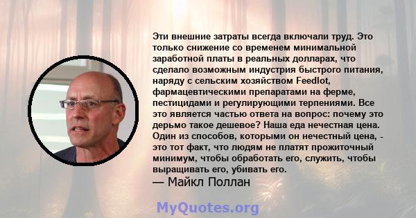 Эти внешние затраты всегда включали труд. Это только снижение со временем минимальной заработной платы в реальных долларах, что сделало возможным индустрия быстрого питания, наряду с сельским хозяйством Feedlot,