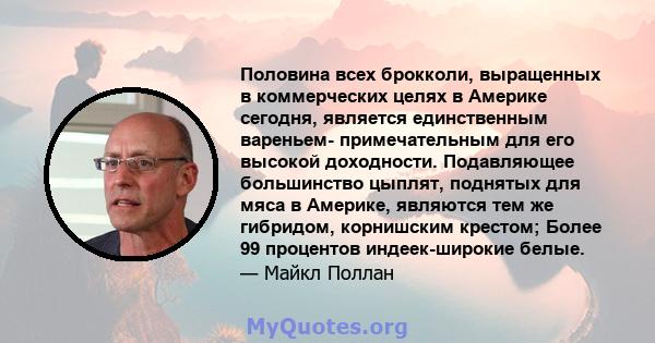 Половина всех брокколи, выращенных в коммерческих целях в Америке сегодня, является единственным вареньем- примечательным для его высокой доходности. Подавляющее большинство цыплят, поднятых для мяса в Америке, являются 