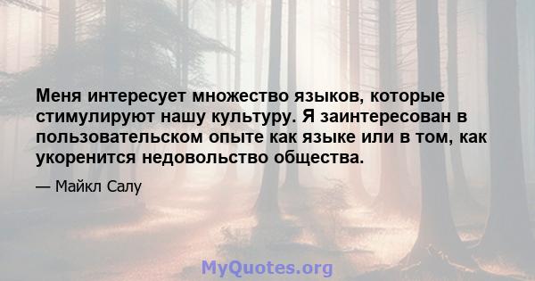 Меня интересует множество языков, которые стимулируют нашу культуру. Я заинтересован в пользовательском опыте как языке или в том, как укоренится недовольство общества.