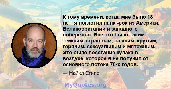 К тому времени, когда мне было 18 лет, я поглотил панк -рок из Америки, Великобритании и западного побережья. Все это было таким темным, странным, разным, крутым, горячим, сексуальным и мятежным. Это было восстание